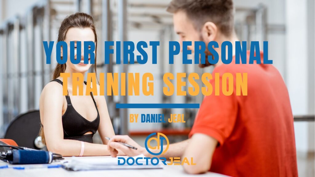 women taking part in a personal training consultation with her personal trainer with the text "Your First Personal Training Session"
