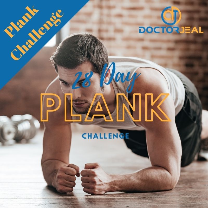 photo of a man performing a plank exercise with the title 28 day plank challenge