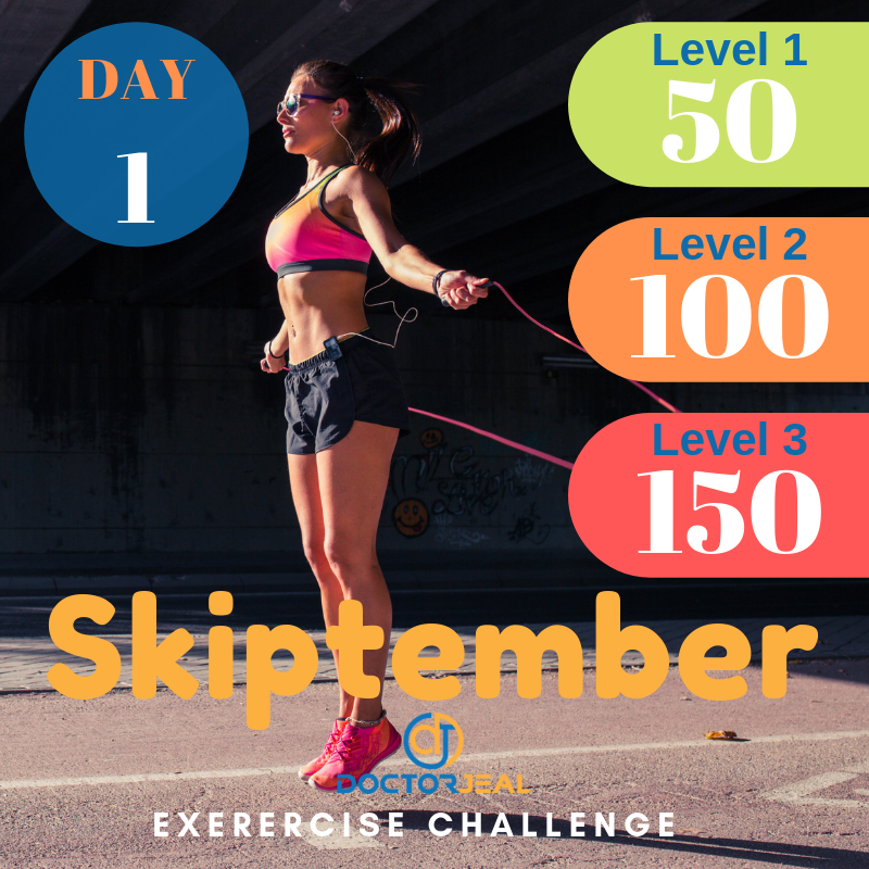 September Skipping Challenge (Skiptember)Target Guide Day 1 - Attractive women skipping outside with skipping rope.