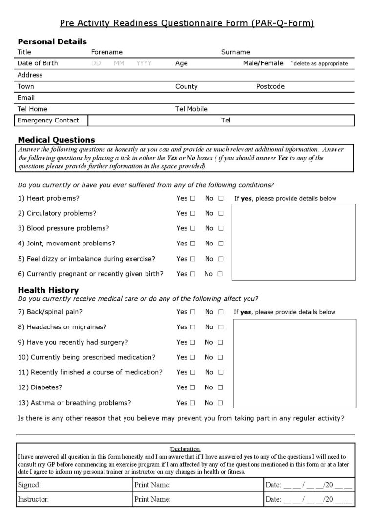 PARQ Form Template (Pre Activity Readiness Questionaire) DoctorJeal PARQ Form Template (Pre Activity Readiness Questionaire) DoctorJeal