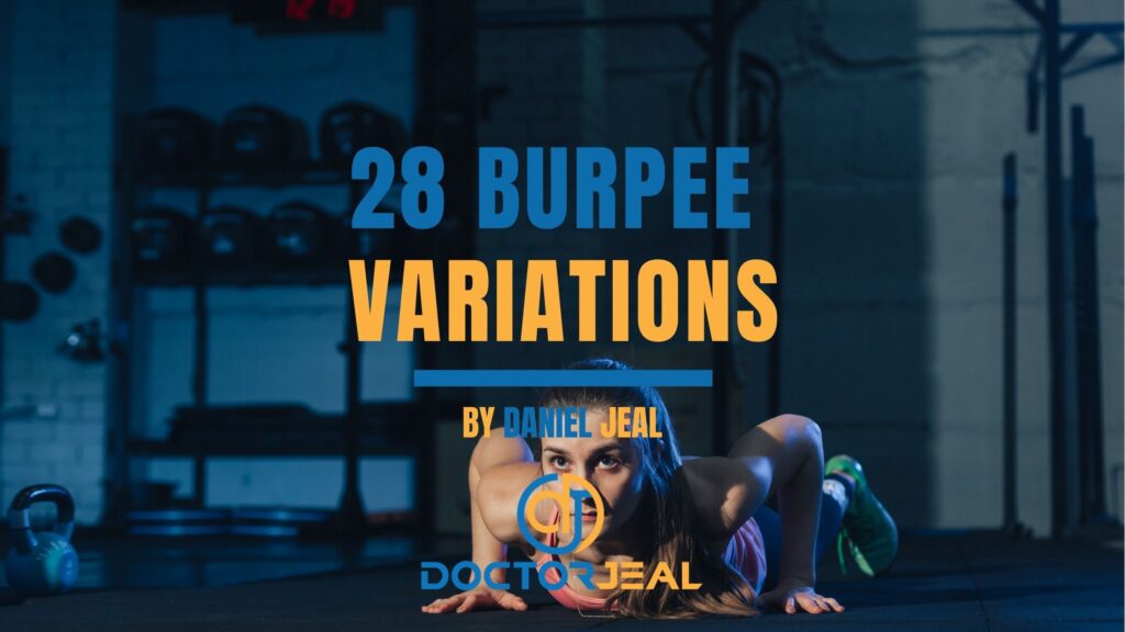 Title image for 28 burpee variations showing a women performing a burpee exercise