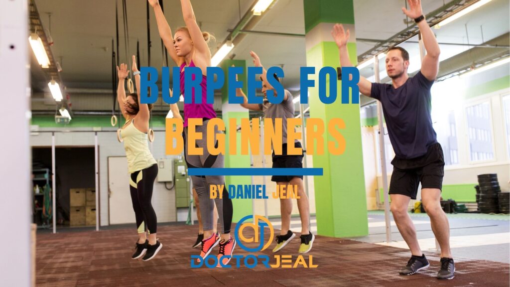 a group of men and women in a fitness class performing burpees with text saying burpees for beginners