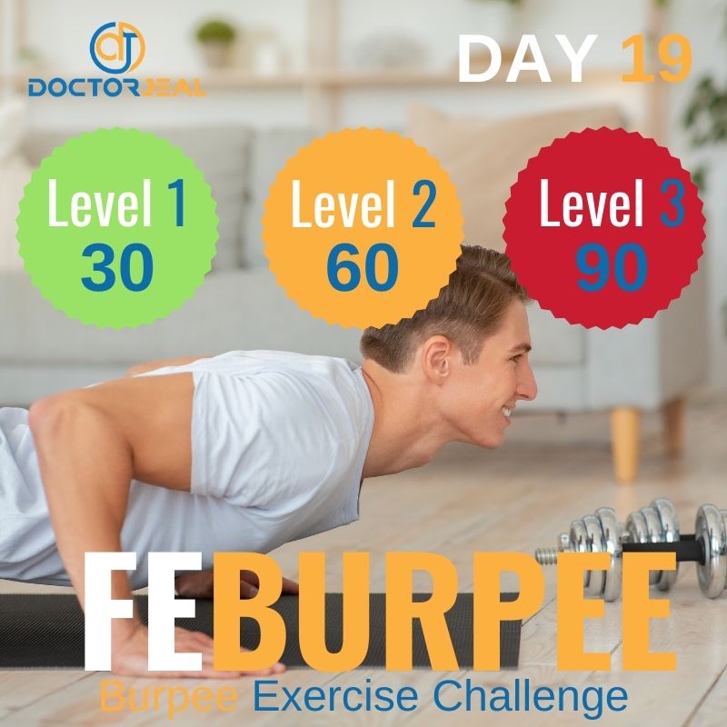 Man performing a Burpee exercise in his home with feburpee targets for day 19