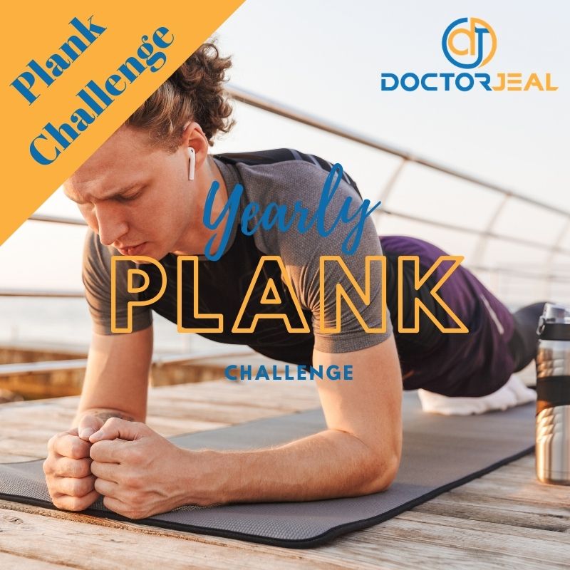 Man performing a plank exercise with the text 'Yearly Plank Challenge'