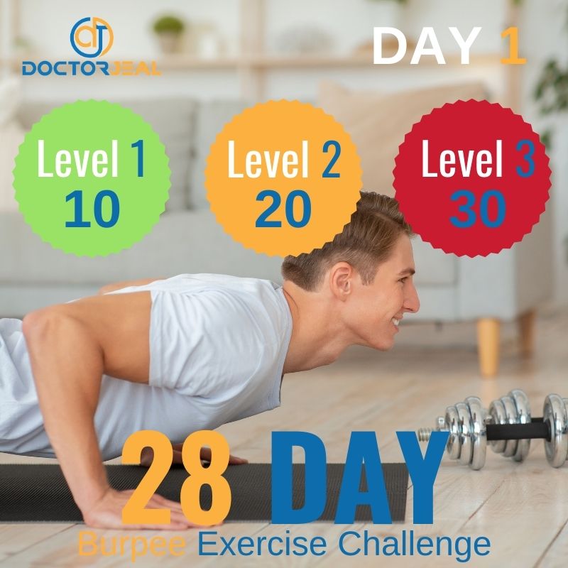Title social graphic for 28 day burpee challenge day 1