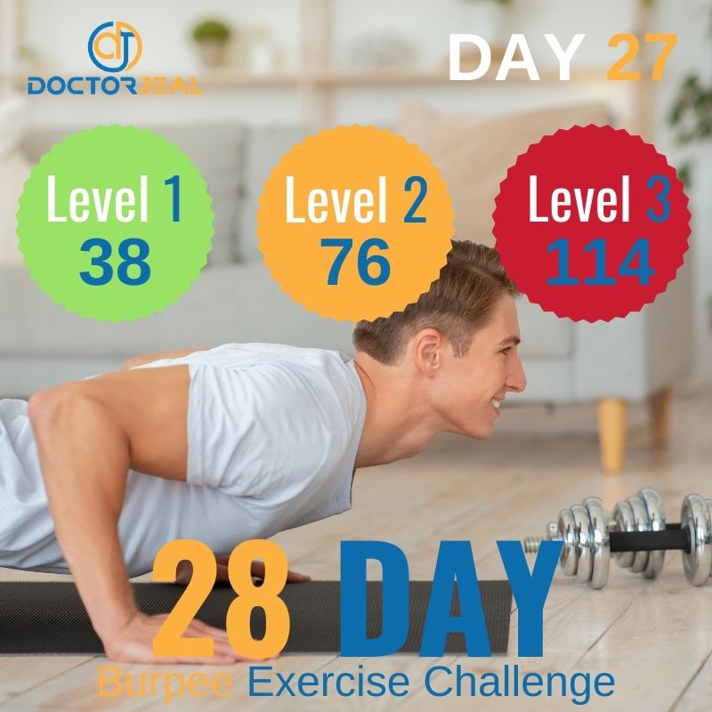 Title social graphic for 28 day burpee challenge day 27