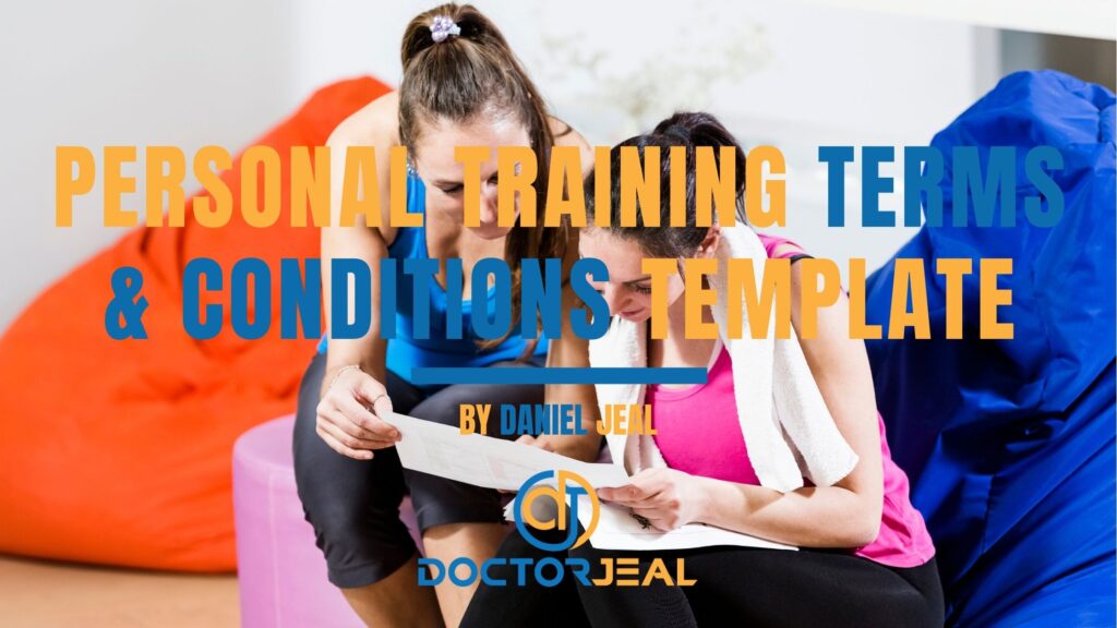 Two women in exercise clothing sat on bean bags discussing personal training with the text 'Personal Training Terms and Conditions Template