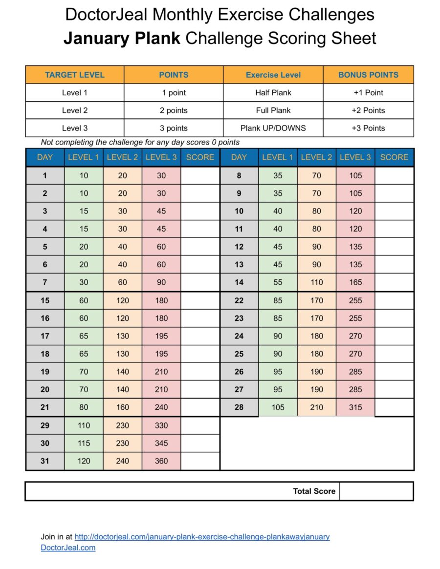 January Plank Exercise Challenge Scoring Sheet (PlankAwayJanuary)