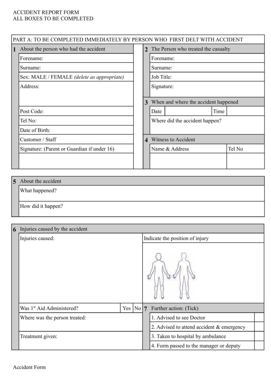 Fitness Industry Accident Form Unbranded