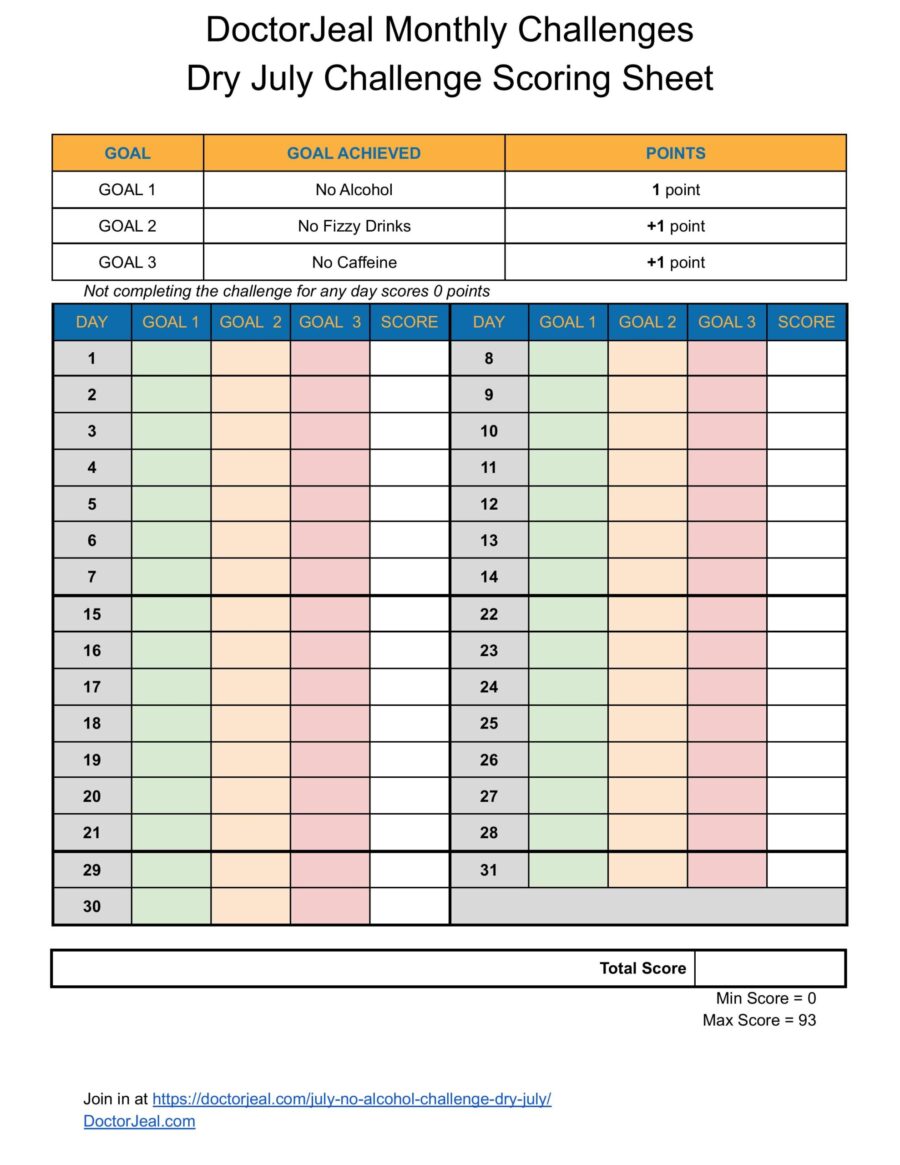 Dry July No Alcohol Challenge Tracking Sheet