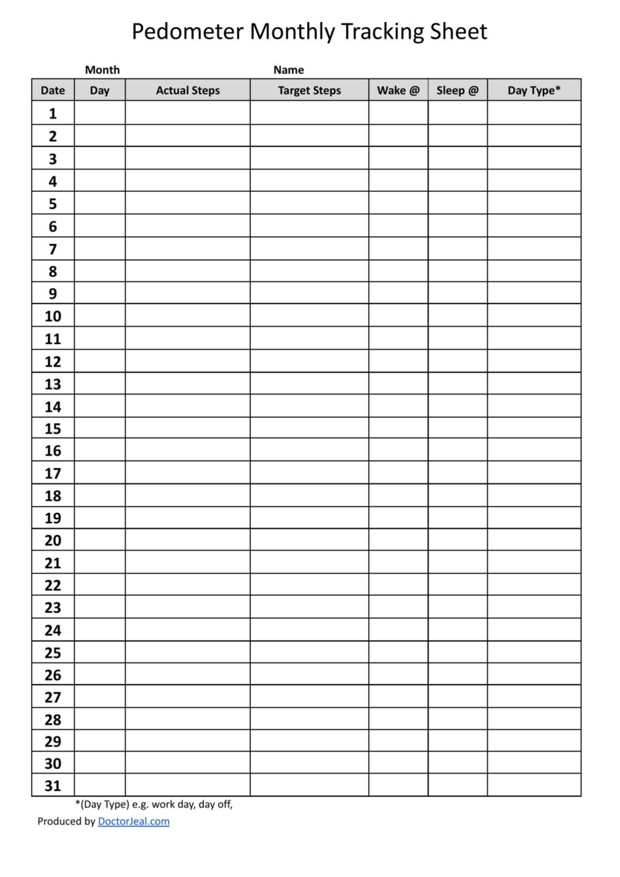 Pedometer Monthly Tracking Sheet