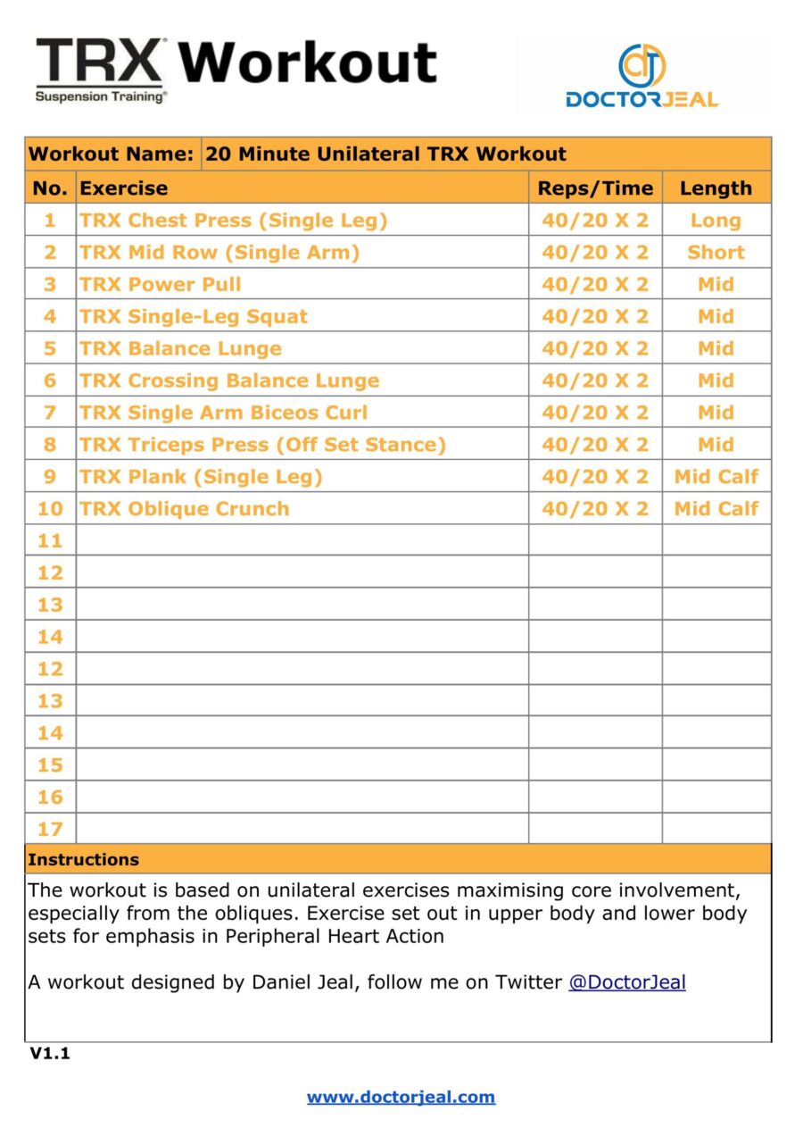 20 Minute Unilateral TRX Workout Card