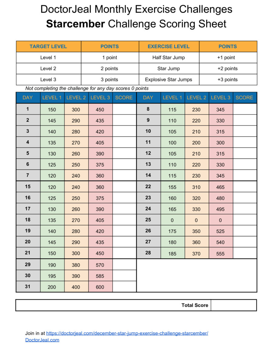 December Starcember StarJump Exercise Challenge Scoring Sheet