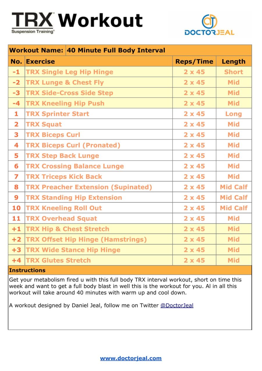 TRX 40 Minute Full Body Interval Workout Card PDF